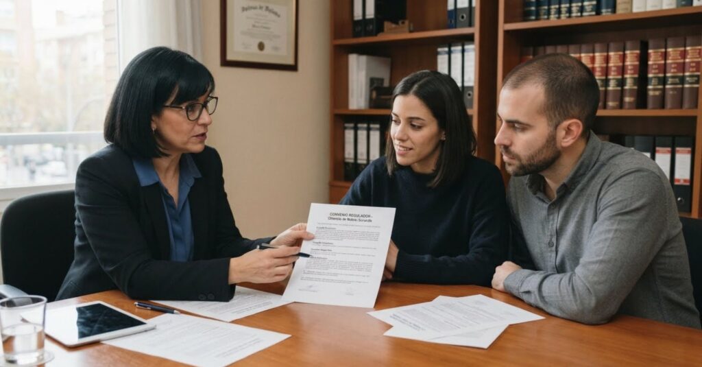 Abogada de familia asesorando a una pareja sobre un convenio regulador de divorcio