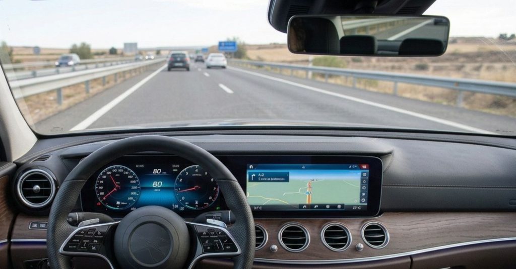 Interior de un coche visto desde el asiento del conductor con el salpicadero y el volante en primer plano